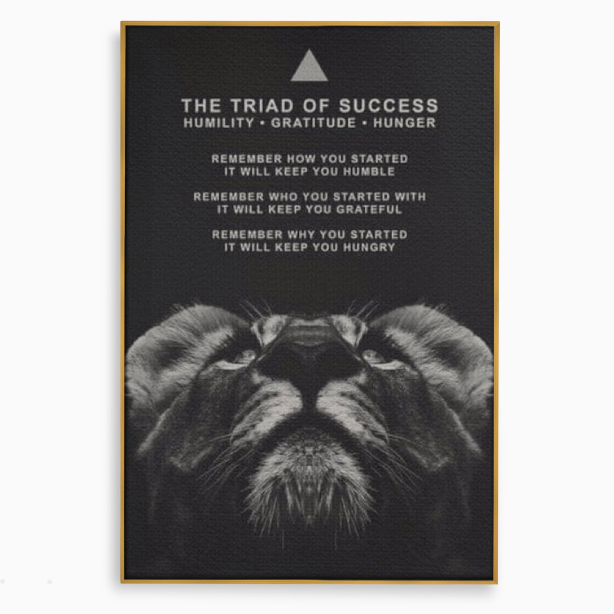 Tablou canvas cu tablou motivational cu cap de leu, in rama de aluminiu auriu